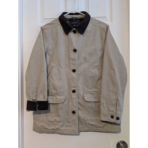 Lands End Womens Tan Canvas Field Coat Plaid Flannel Lined Corduroy Trim M 10-12